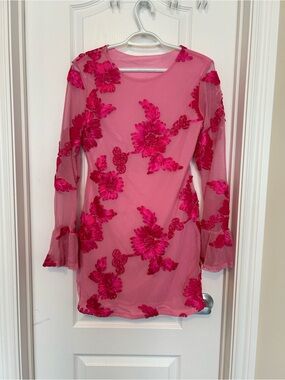 Pink Mesh Dress with Hot Pink Floral Appliqué